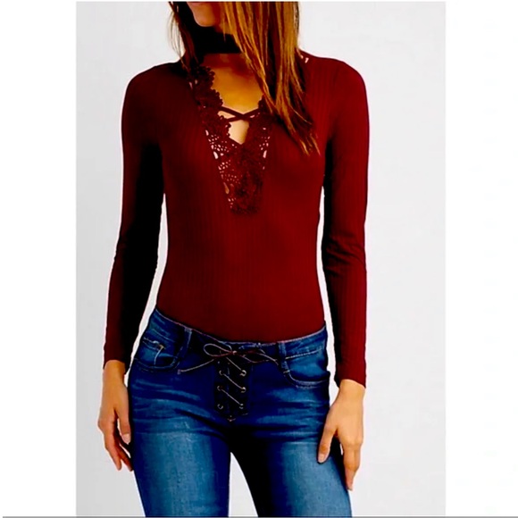 Charlotte Russe Tops - Charlotte Russe Burgundy Red Bodysuit Crisscross Crochet Lace Trim Ribbed(bin D)